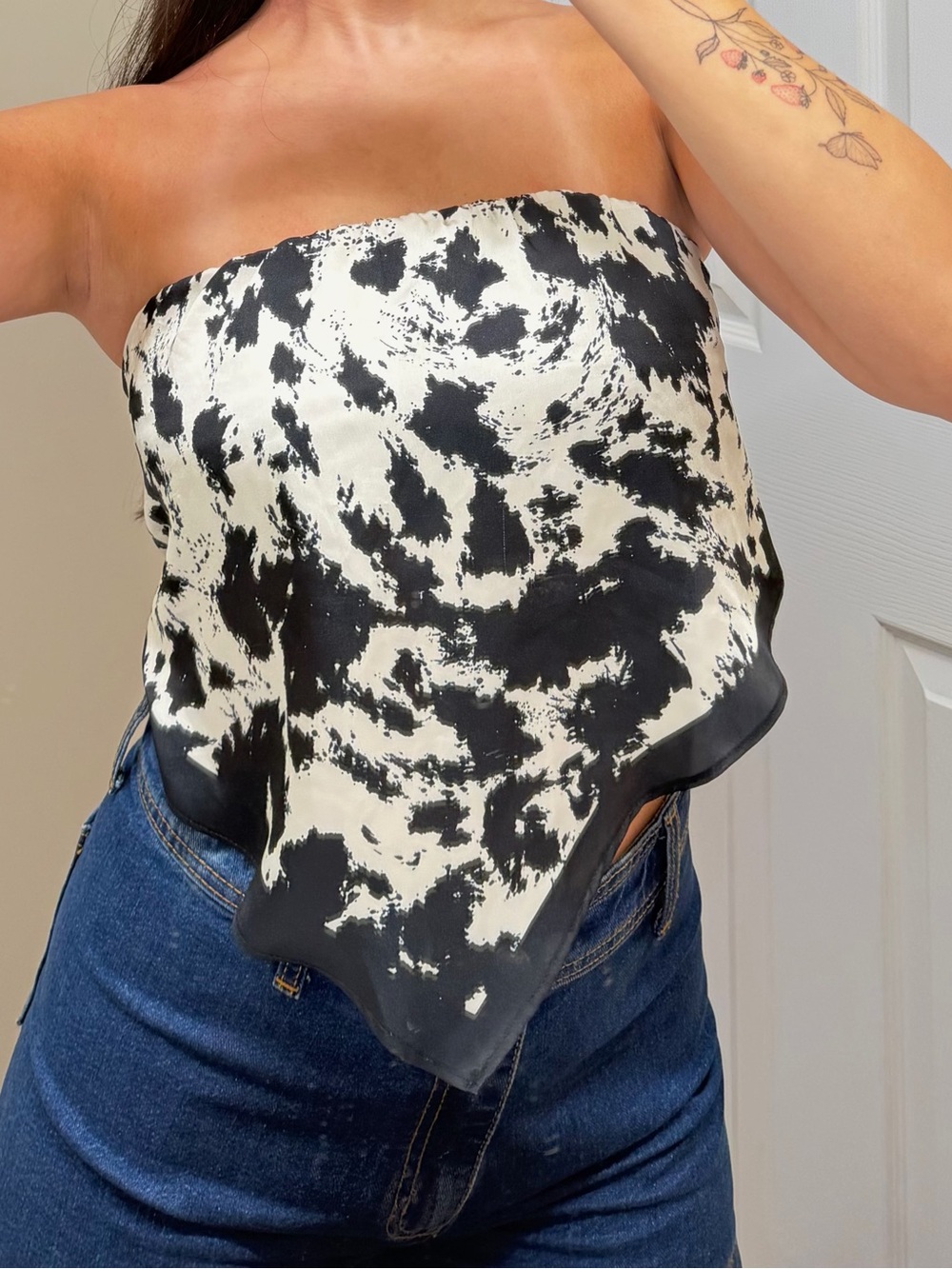 Strapless Black & White Abstract Print Silk Scarf Top
